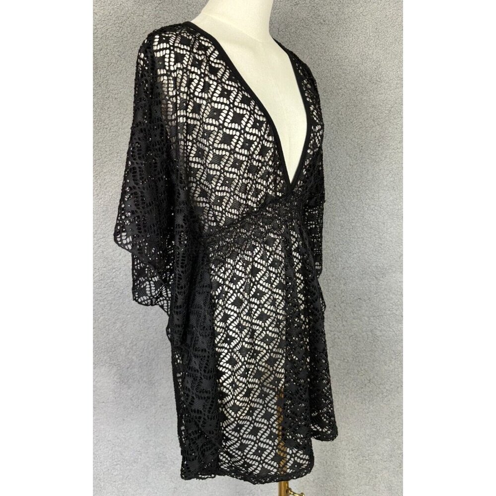 Miken Women's Juniors Crochet Cover-up Batwing Sleeves V-Neck Medium Black NWT's - Picture 2 of 8